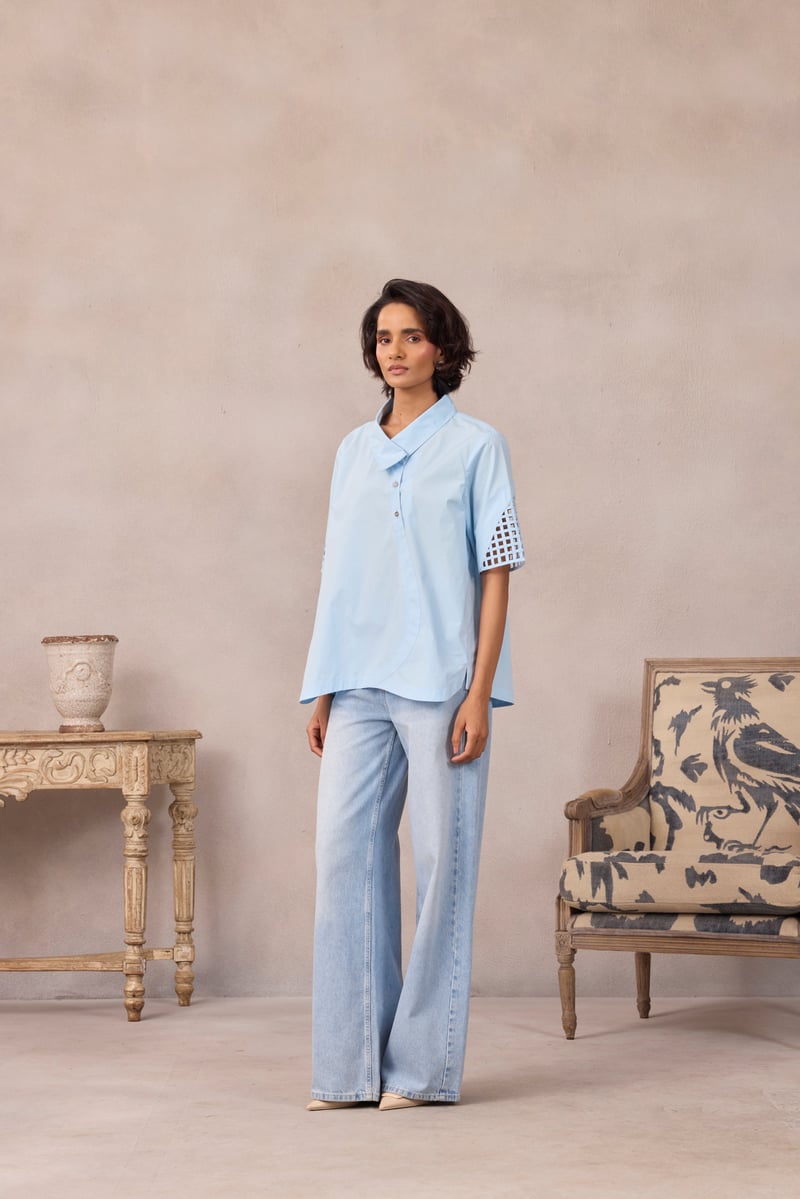 Frost Blue A-Line Shirt with Geometric Mesh Sleeve Inlay