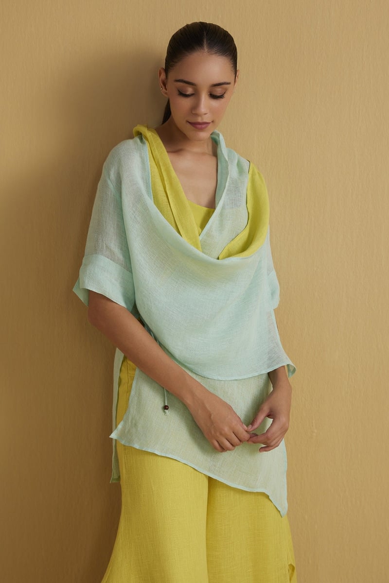 Aqua Gauze Linen Cape with Yellow Contrast Panel