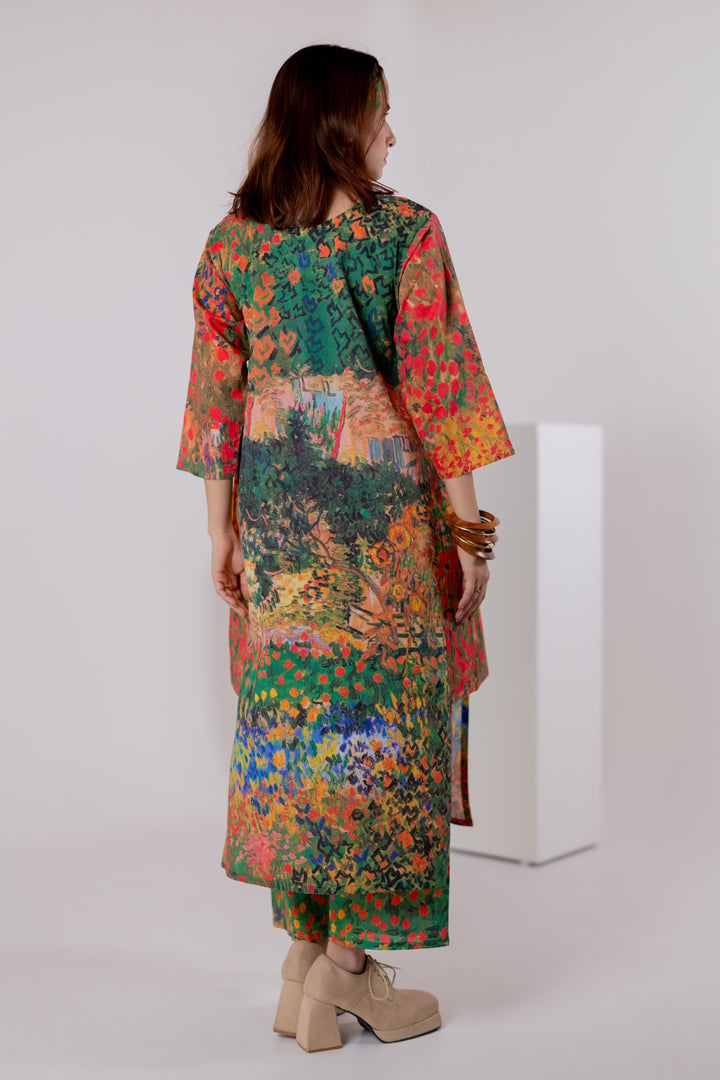 Multicolor Scenic Print Cambric Cotton Kurta Set