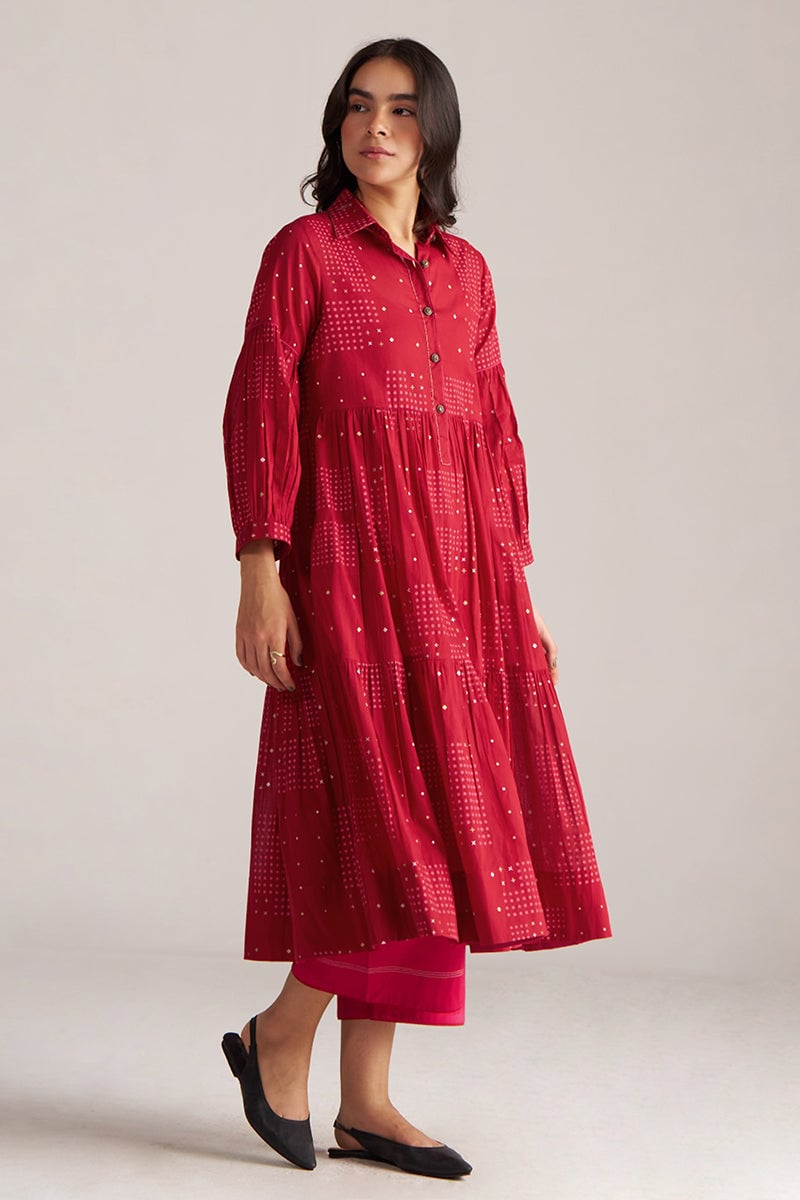 Samba Red Block Print Tiered Kurta and Pant Co-ord Set
