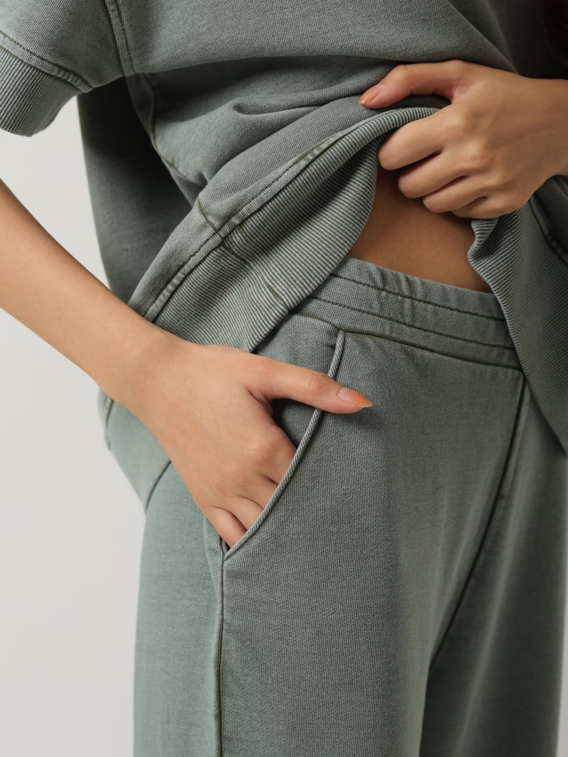 Green Cotton Terry Acid Wash Wide-Leg Trackpants