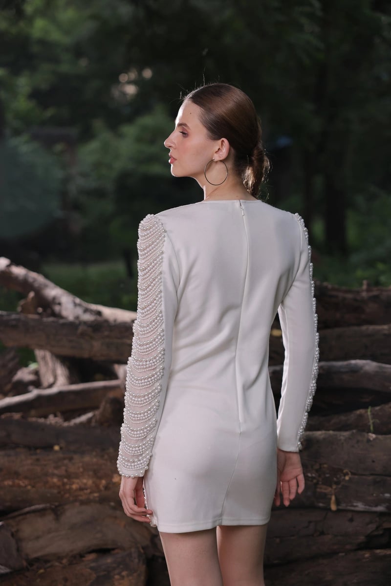 Ivory Pearl Embellished Bodycon Mini Dress