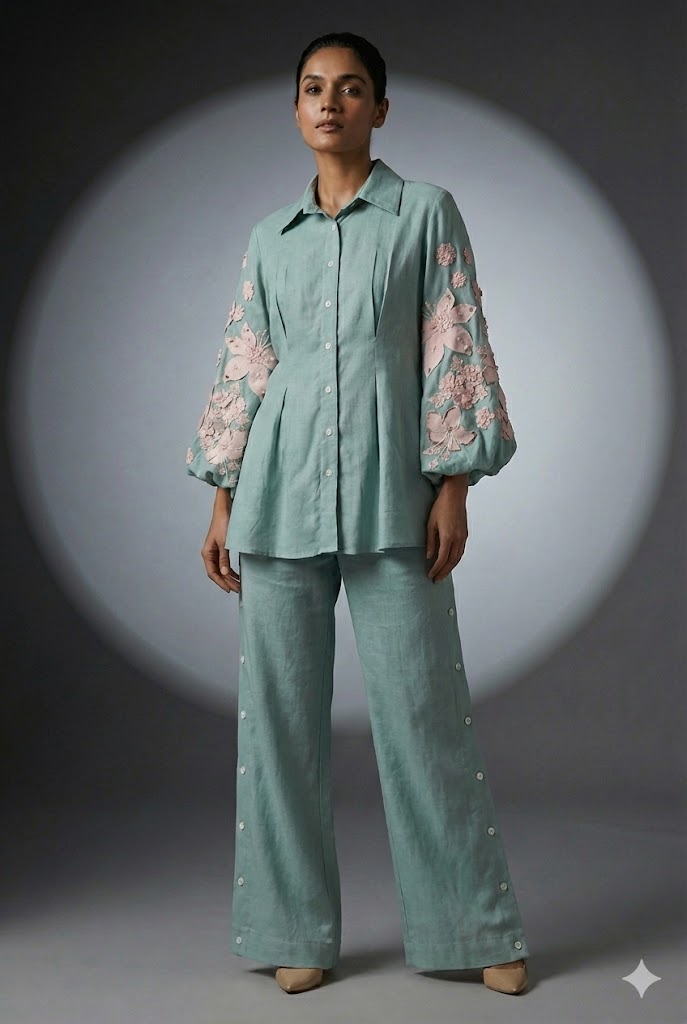 Sea Blue Linen Shirt and Wide-Leg Pants Co-ord Set — RUCHIKA MALLIKA LABEL