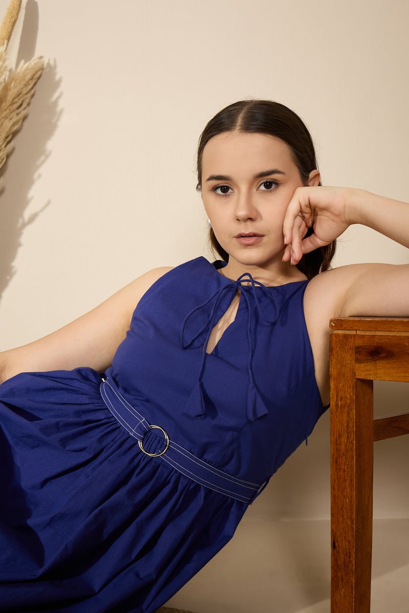 Aqua Blue Cotton Poplin Fit and Flare Midi Dress