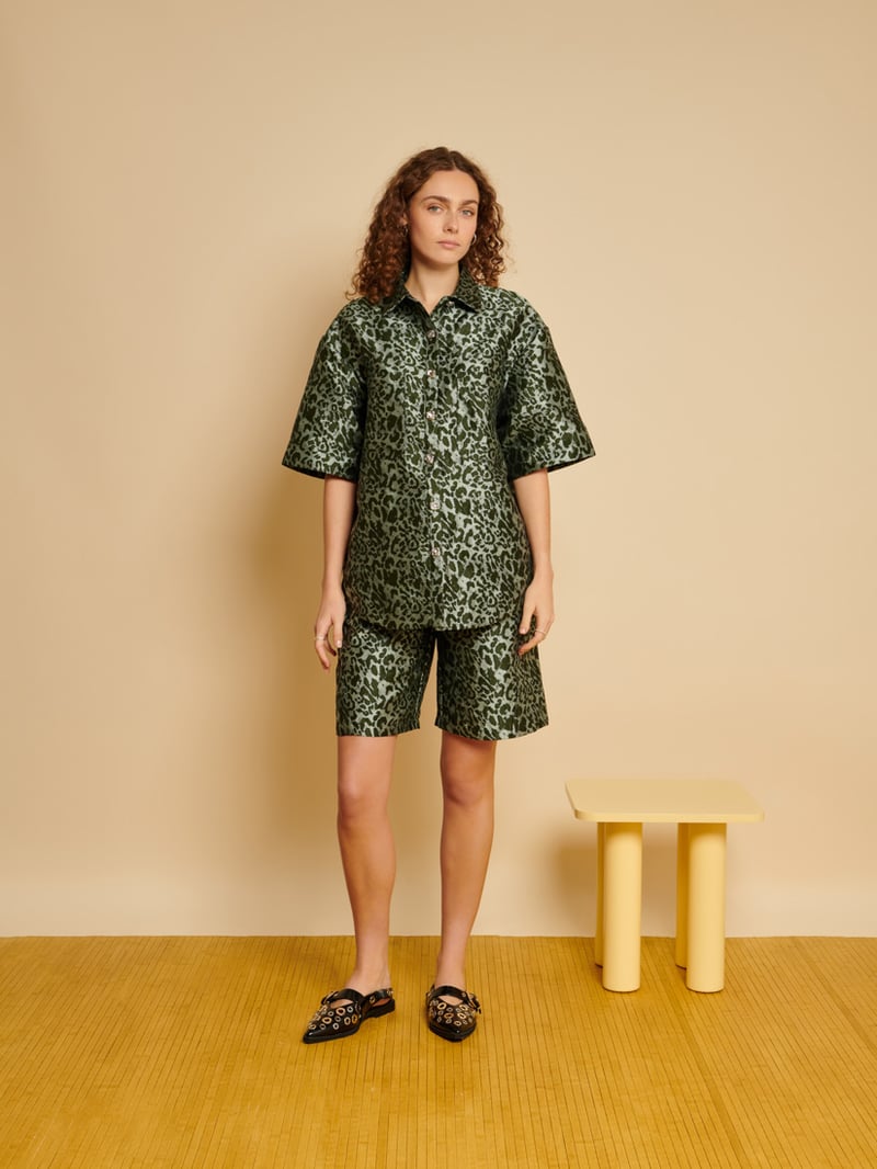 Green Animal Print Boxy Button-Down Shirt