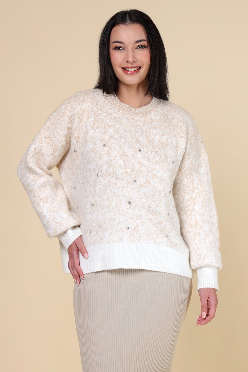 Beige Textured Studded Pullover Sweater