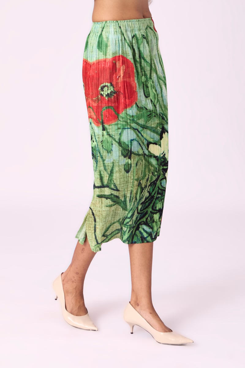 Green Floral Pleated Midi Skirt