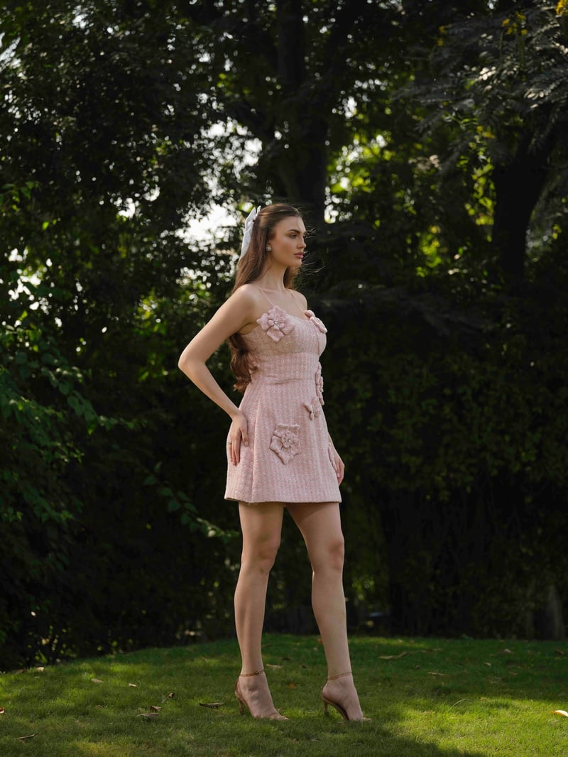 Pink Tweed Corset Mini Dress with 3D Floral Applique
