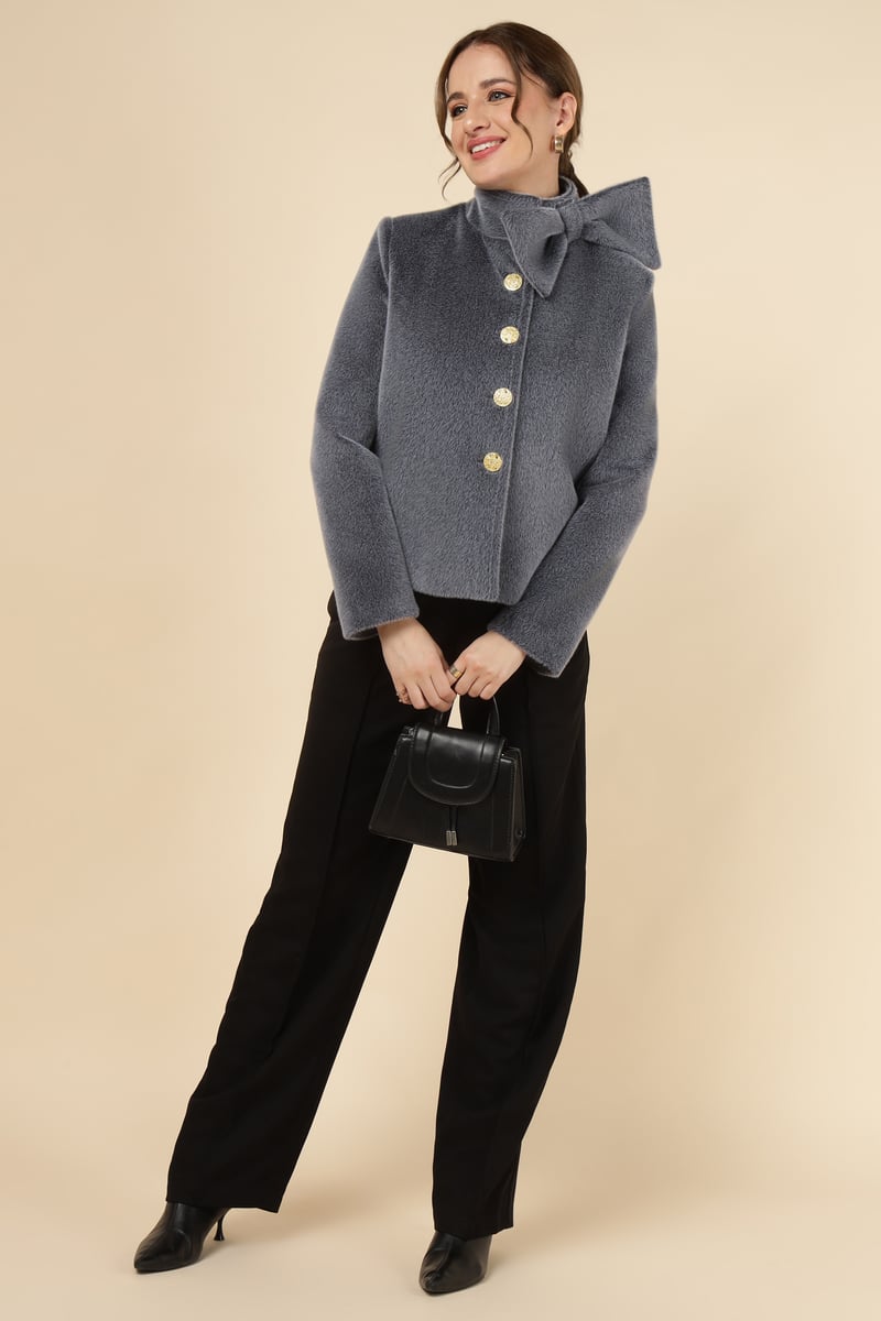 Grey Plush Bow-Collar Button-Front Jacket
