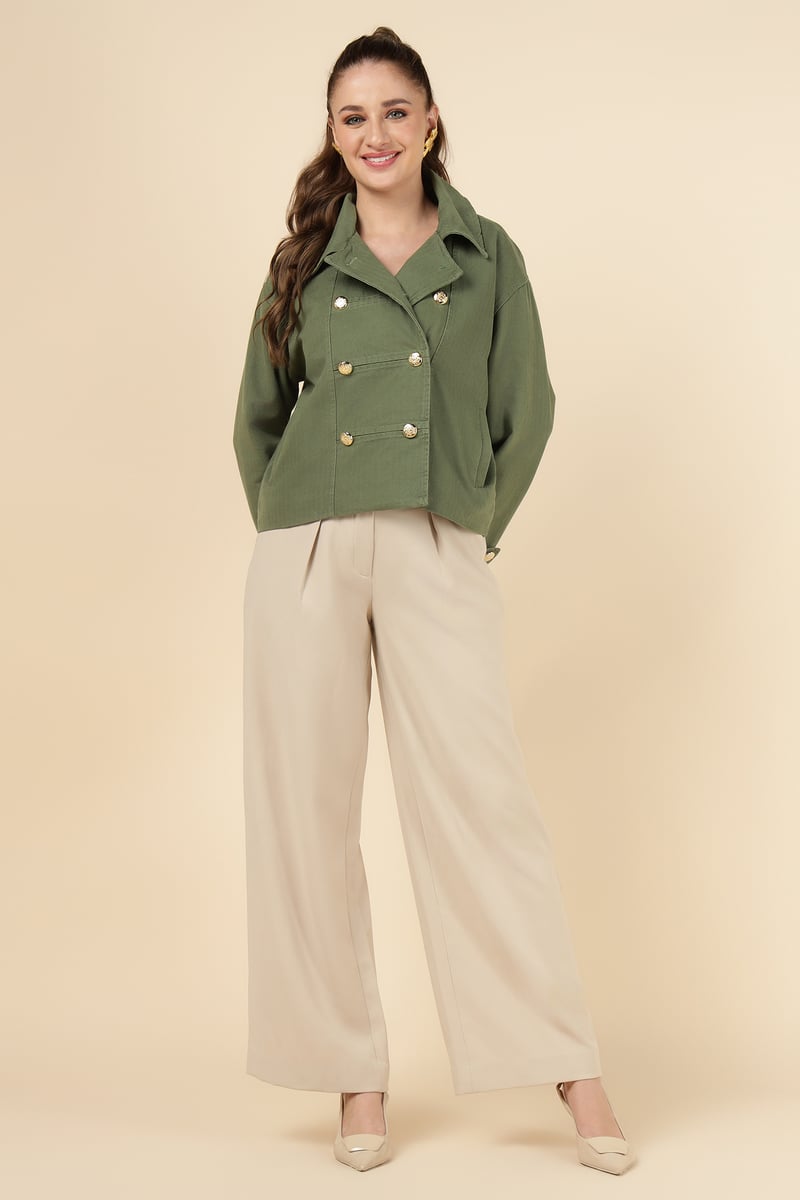 Green Double-Breasted Tailored Jacket with Gold Buttons