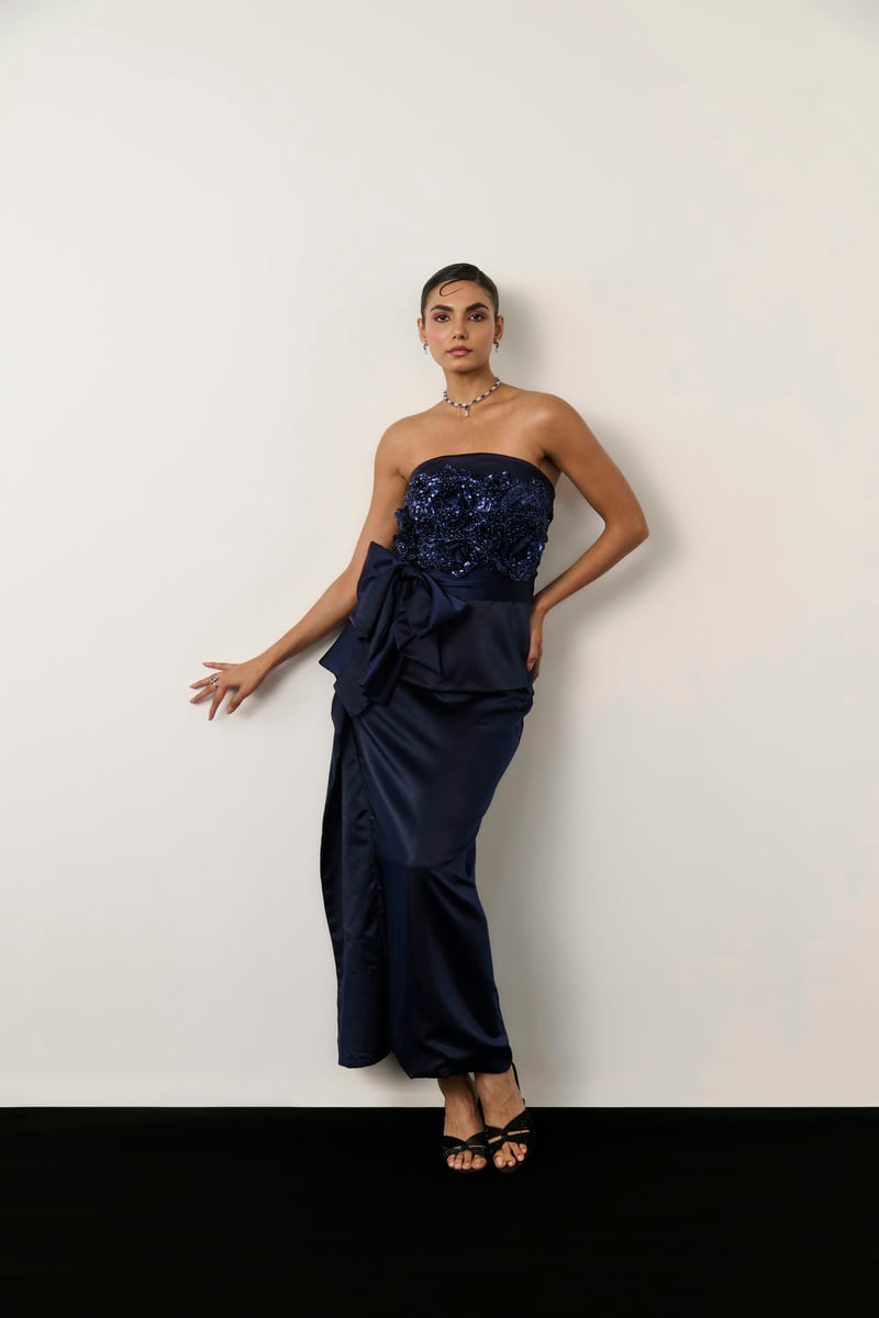 Navy Blue Satin Strapless Embellished Maxi Drape Dress