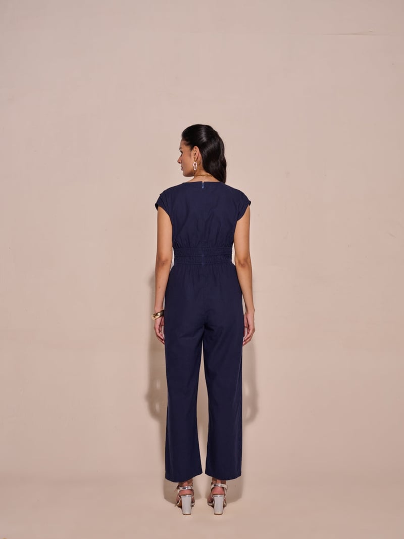 Blue V-Neck Smocked Waist Embroidered Jumpsuit