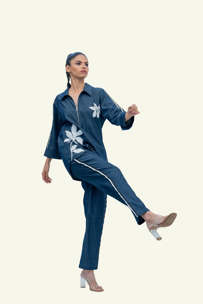 Blue Denim Cotton Shirt with Embroidery