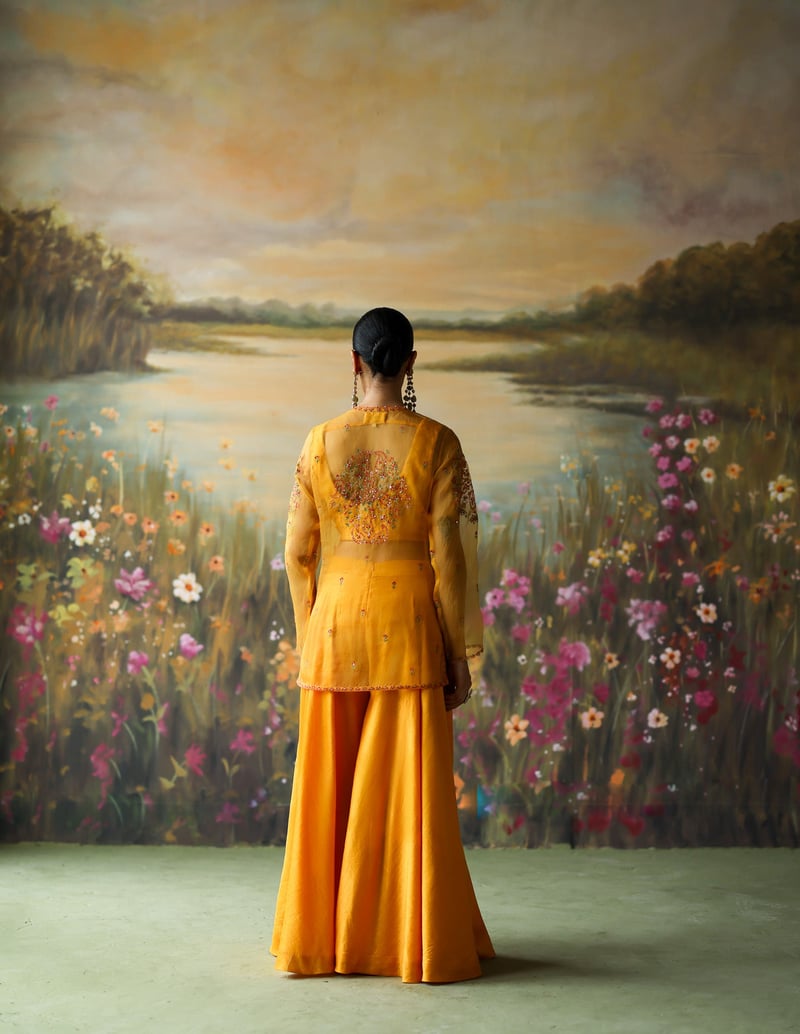 Turmeric Yellow Embroidered Organza Kurta Sharara Set