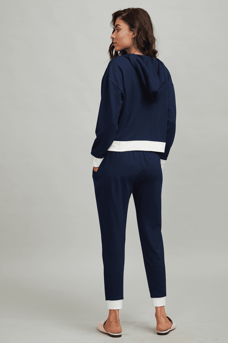 Navy and White Zip-Up Hoodie with Hood