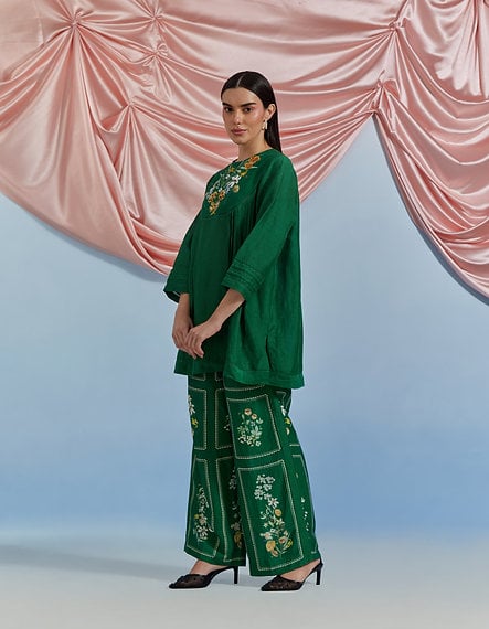 Forest Green Embroidered Tunic Top and Pant Co-ord Set