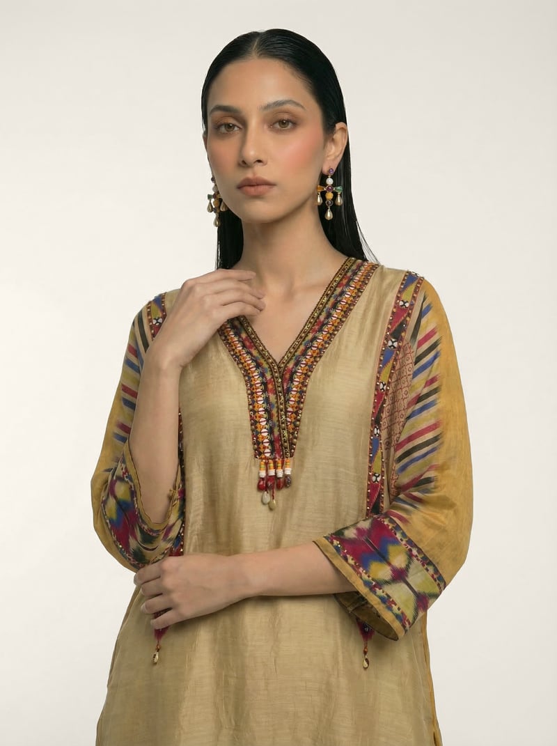 Beige Muslin Silk Printed Kurta Set with Embellished Placket