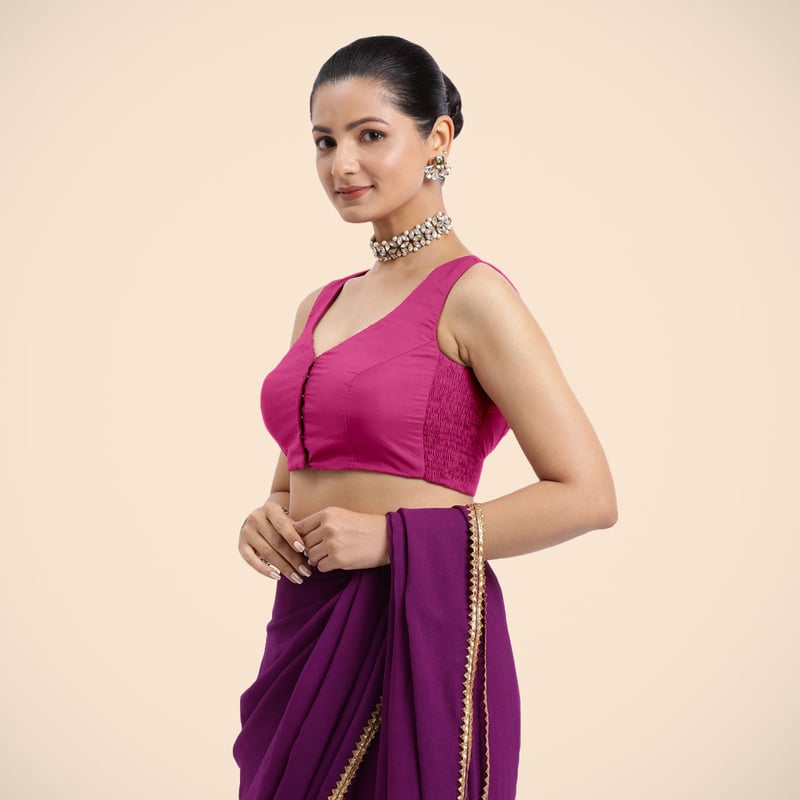 Hot Pink Sleeveless Saree Blouse with Curved V-Neck