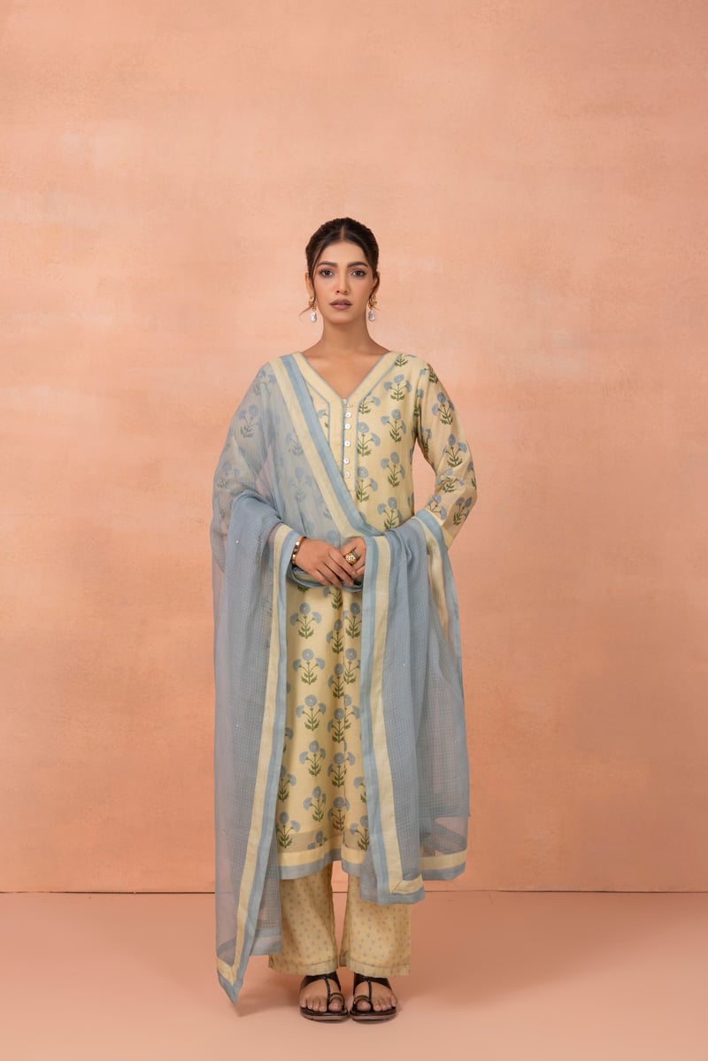 Yellow Floral Printed Straight Kurta Set with Dupatta
