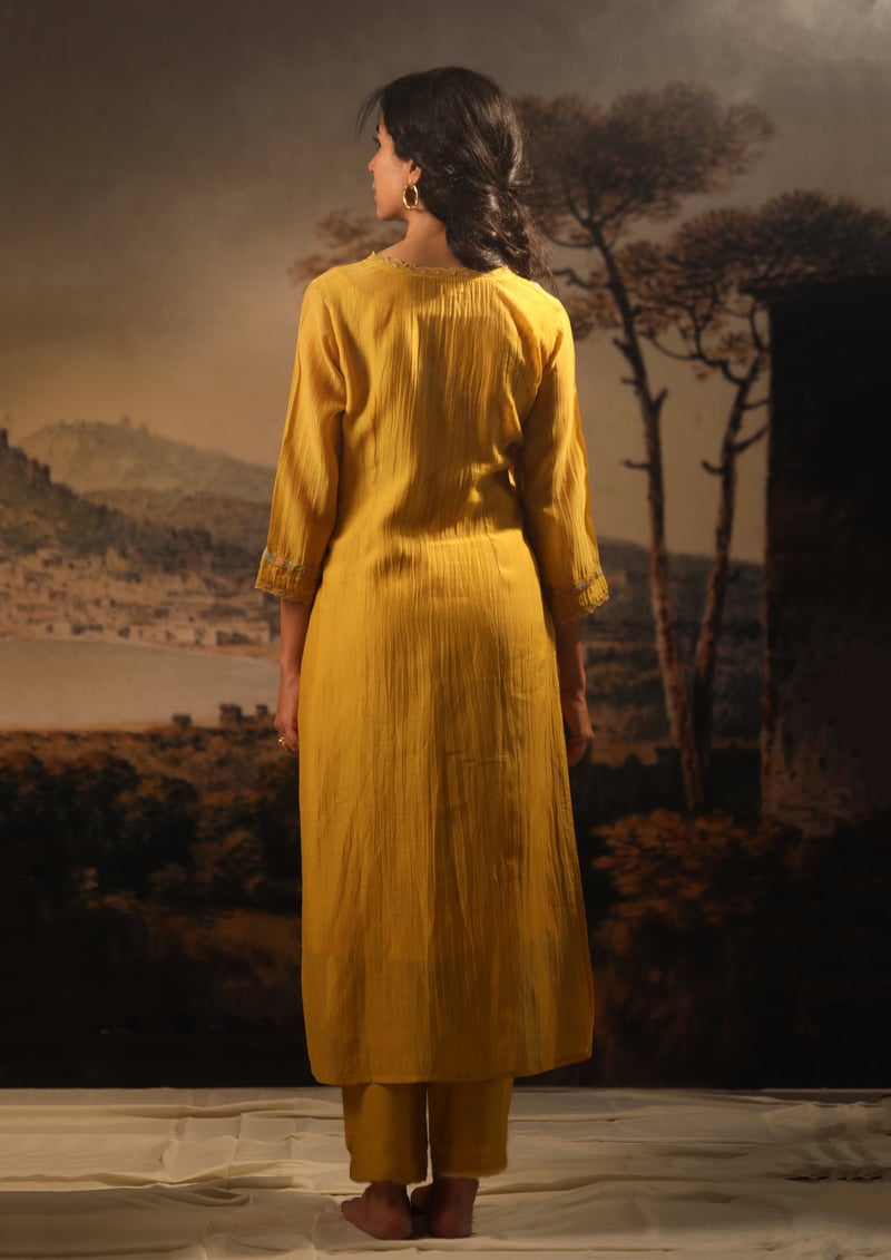 Mustard Handloom Chanderi Embroidered Kurta Set