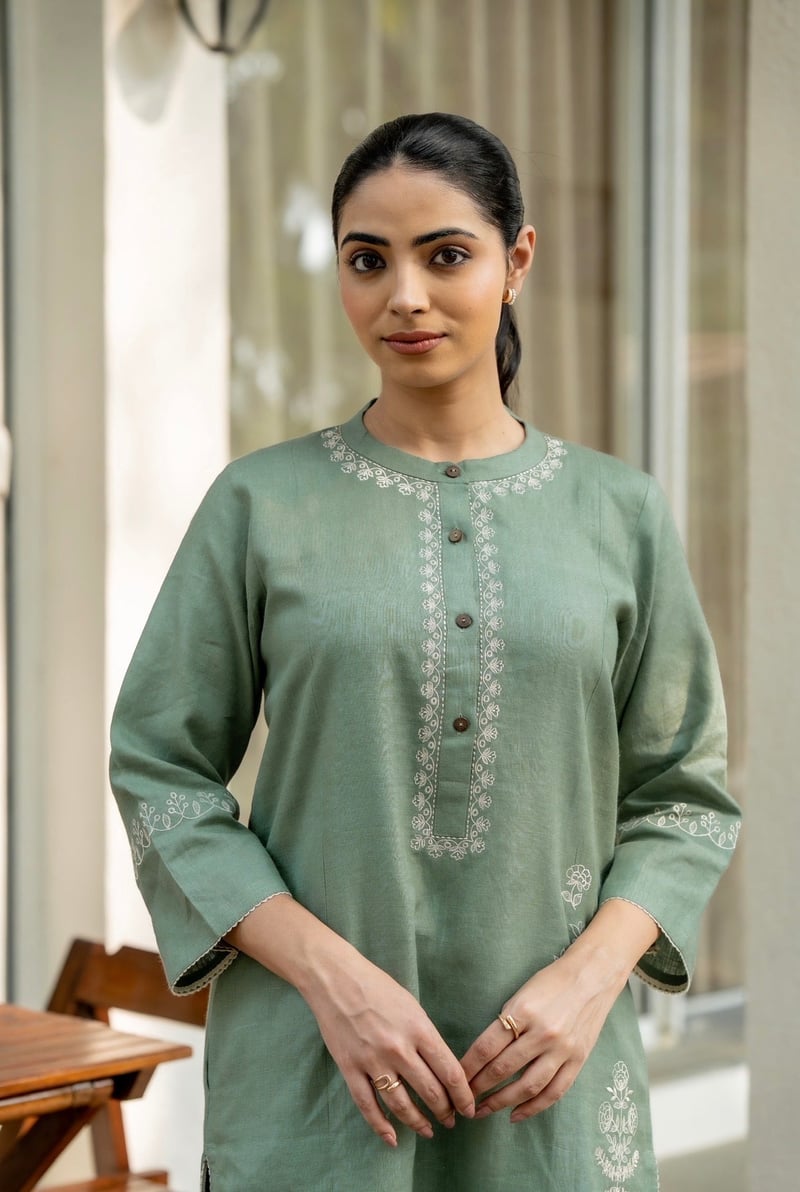 Green Linen Kurta and Pant Set with Embroidery