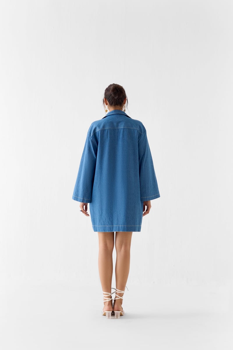 Denim Blue Tie-Up Mini Shift Dress with Patch Pocket