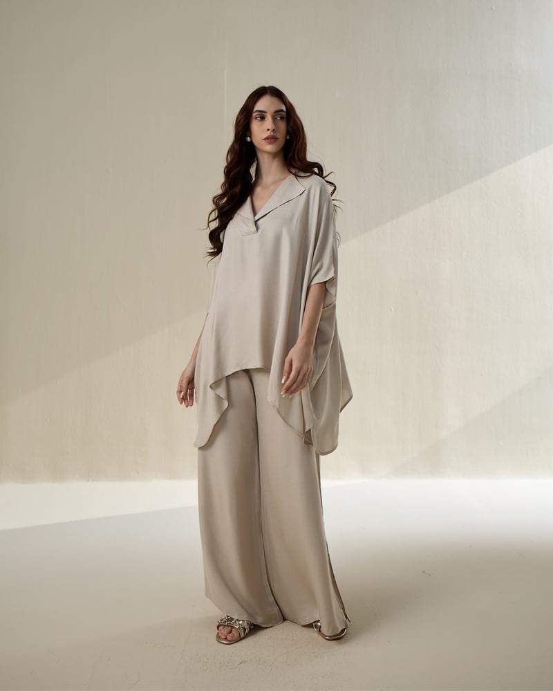 Taupe Draped Poncho Top and Bell Bottom Co-ord Set