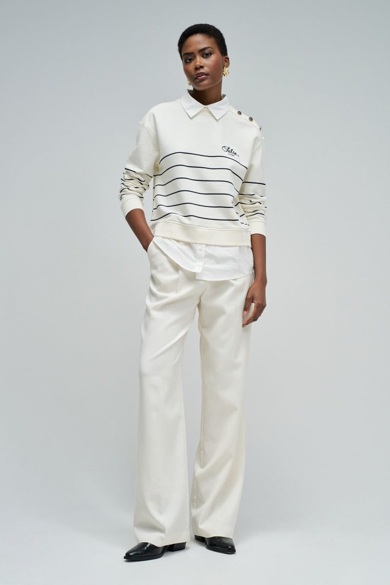 Light Beige Striped Crew Neck Sweatshirt