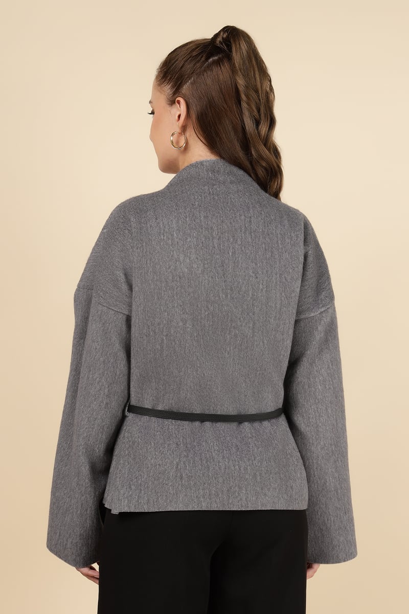 Charcoal Grey Belted Open-Front Jacket