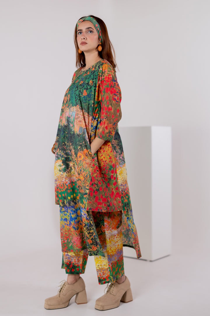 Multicolor Scenic Print Cambric Cotton Kurta Set