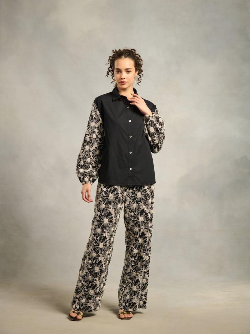 Black Cotton Schiffli Cutwork Sleeve Button-Down Shirt