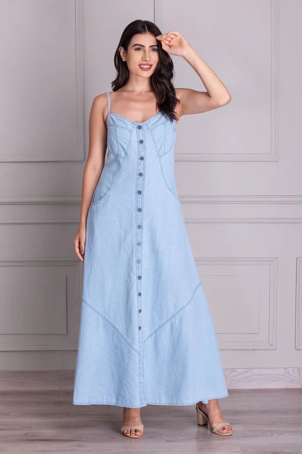 Blue Denim Button-Down A-Line Maxi Dress