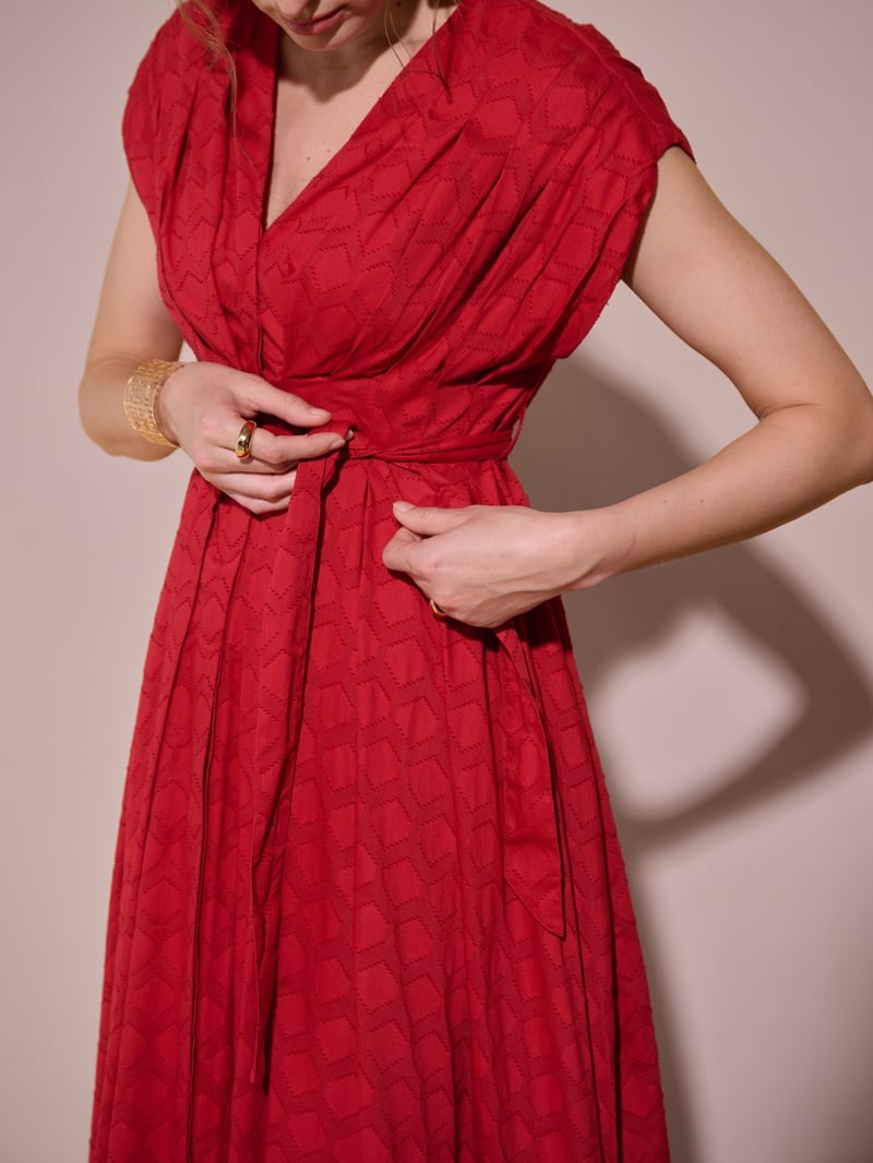 Red Textured Fit and Flare Midi Dress with Waist Sash