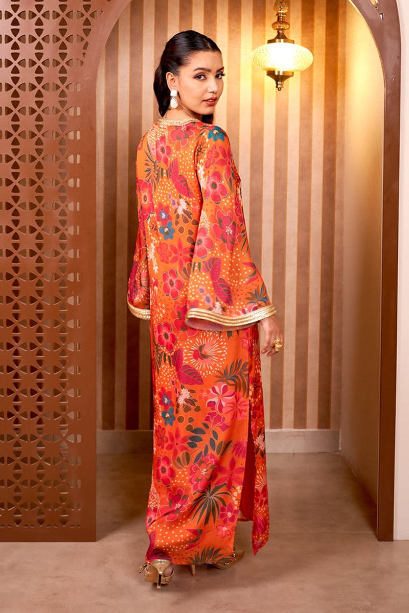 Orange Floral Printed Georgette Satin Long Kaftan