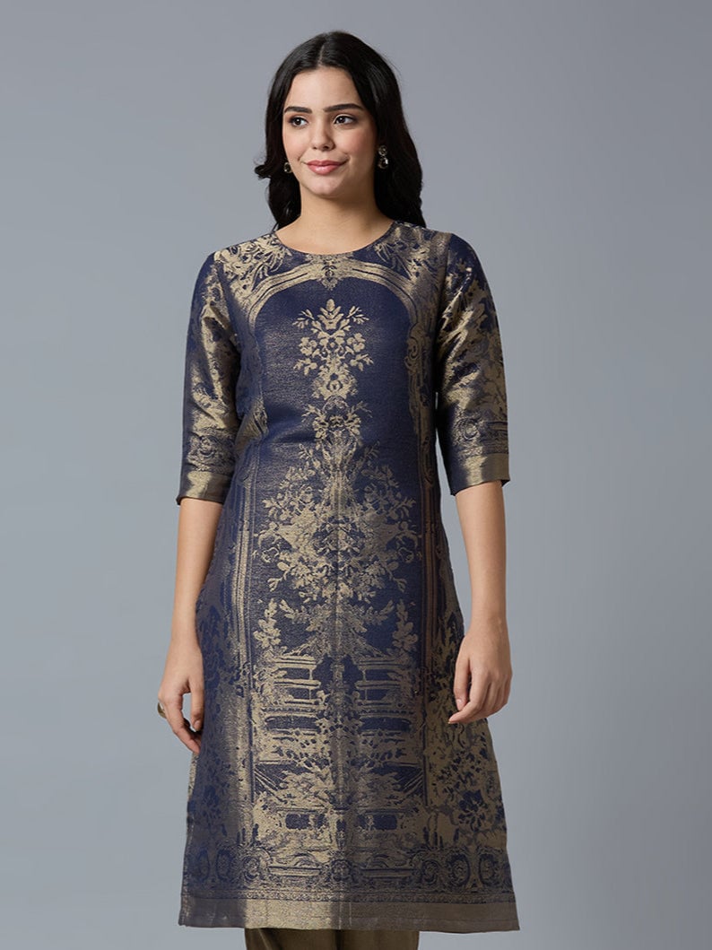 Navy/Gold Brocade Straight Kurta with 3/4 Sleeves — Cloth Haus