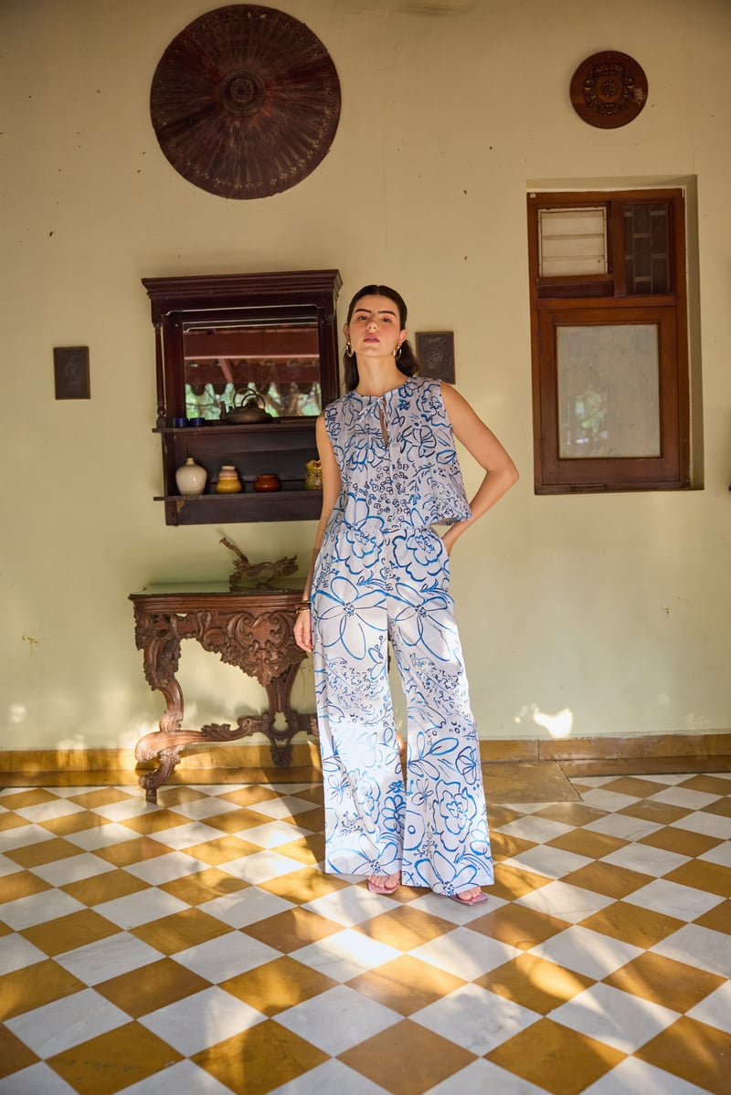 White/Blue Printed Sleeveless Top and Wide-Leg Co-ord Set