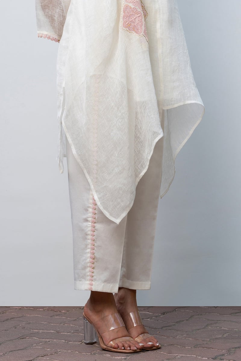 White and Peach Linen Asymmetric Tunic and Pants Co-ord Set