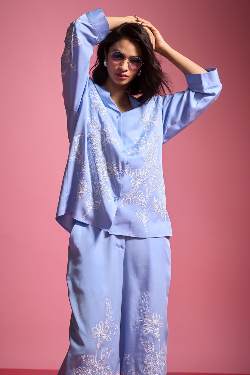 Pastel Blue Tencel Placement Embroidered Relaxed Fit Shirt