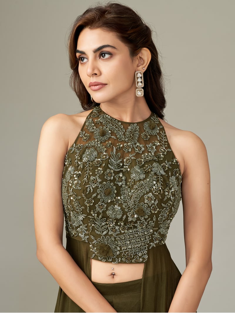 Green Embellished Halter Co-ord Set with Wide-Leg Pants