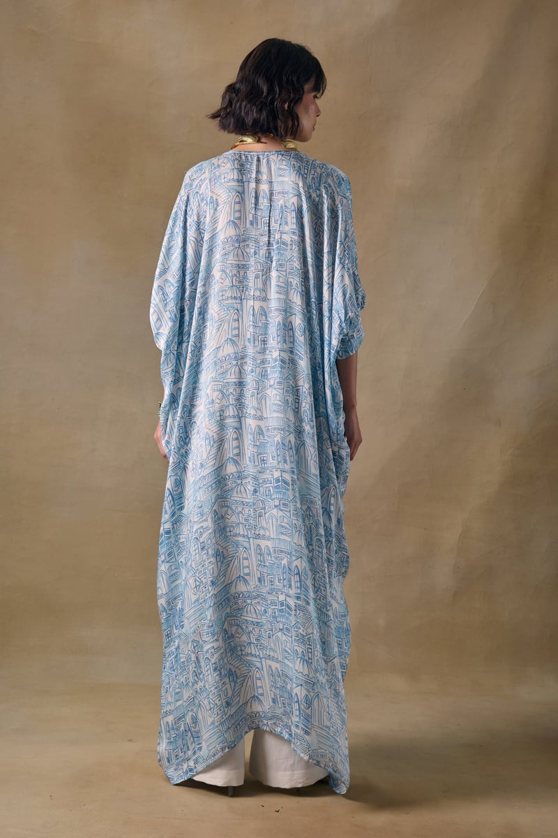 Blue Landscape Printed Modal Satin Kaftan