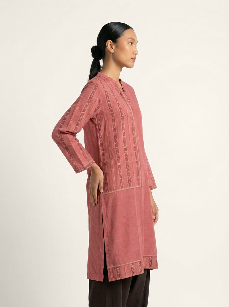 Pink Muslin Silk Striped Printed Long Tunic