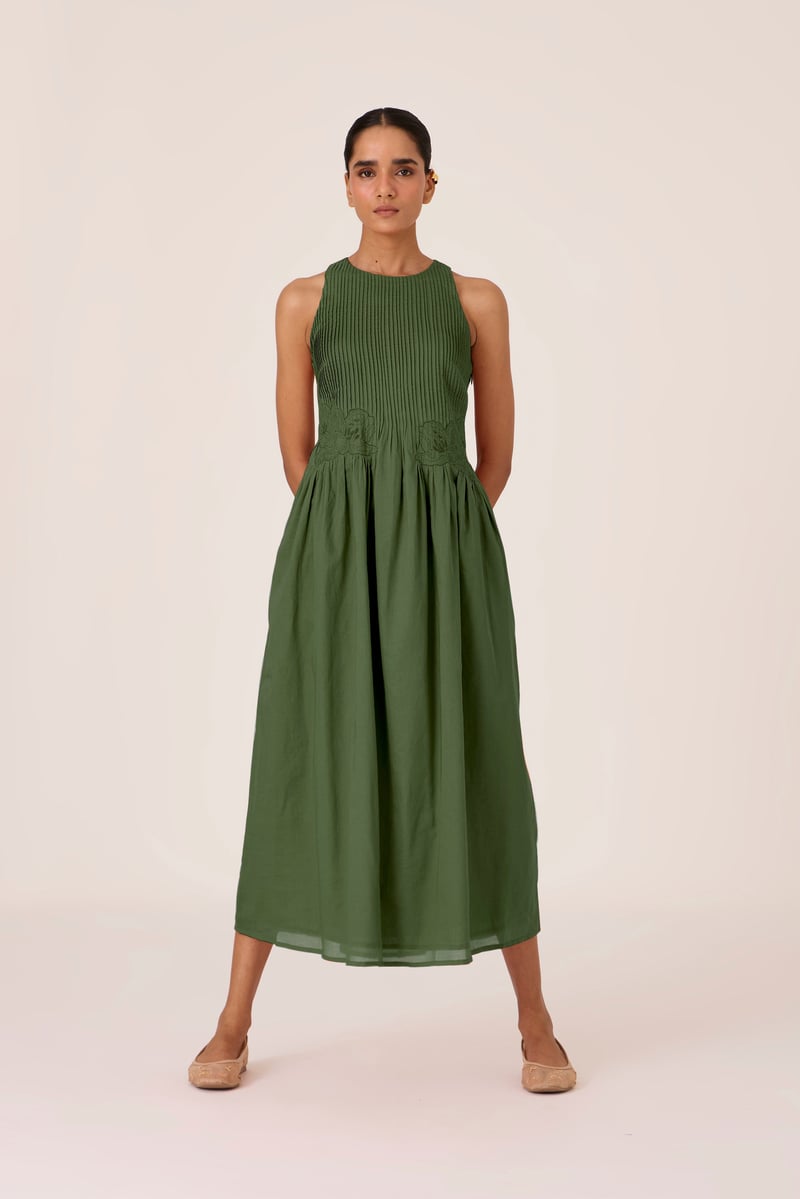 Green Pintuck Bodice Embroidered Midi Dress
