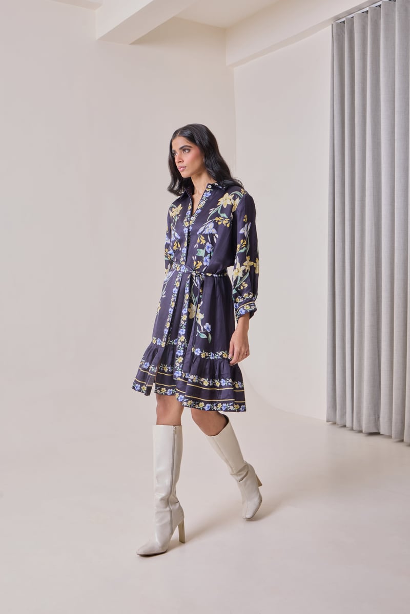 Navy Floral Linen Satin Shirt Dress with Waist Tie