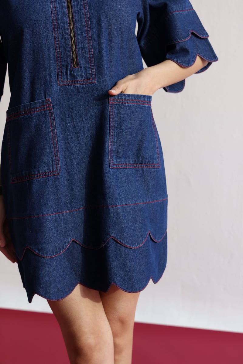 Blue Denim Shirt Dress with Zip Front and Scalloped Hem