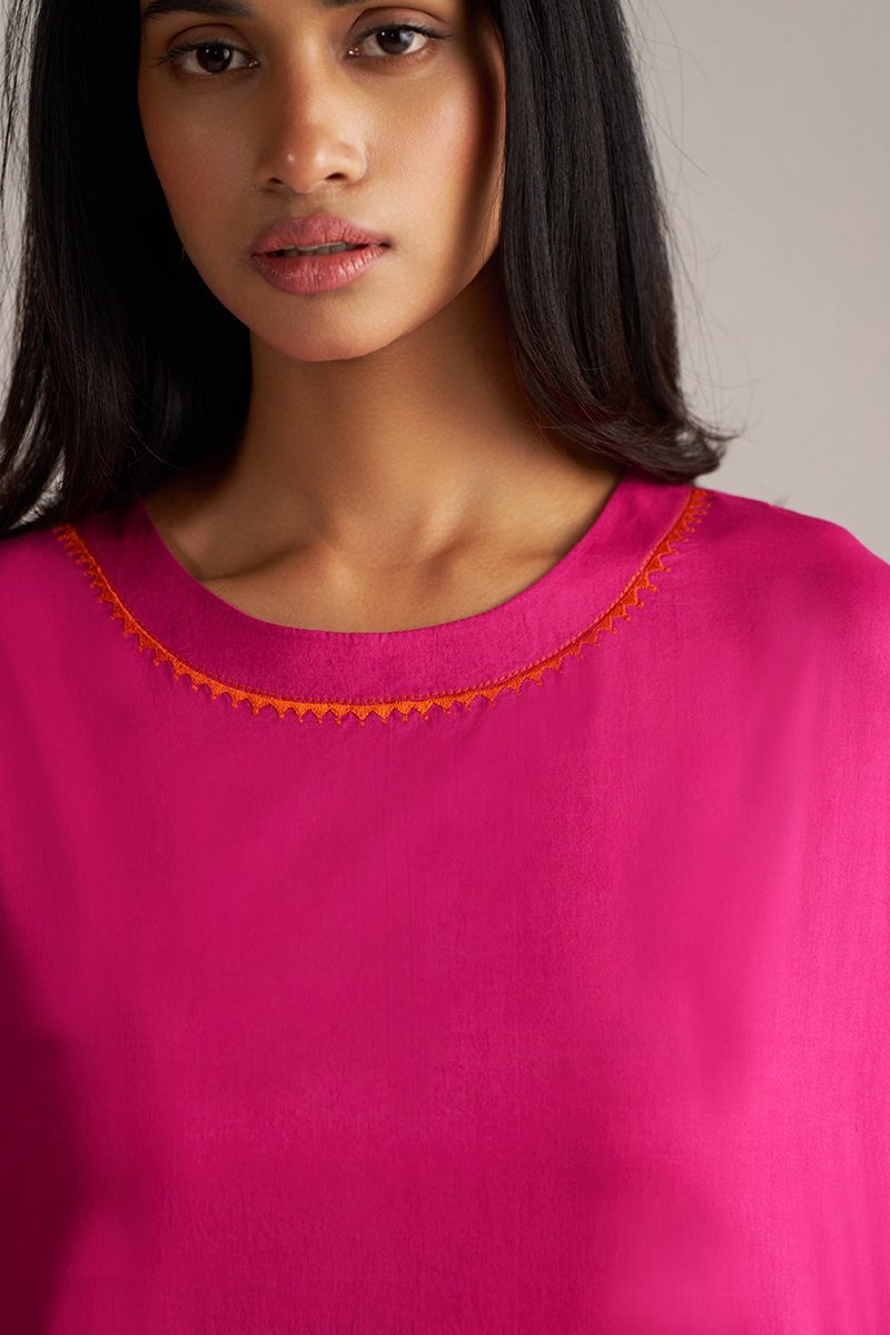Fuchsia Straight Kurta and Wide-Leg Pants Set with Dupatta