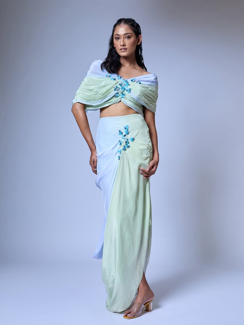 Blue Ombre Off-Shoulder Draped Co-ord Set — Vrinda Soni