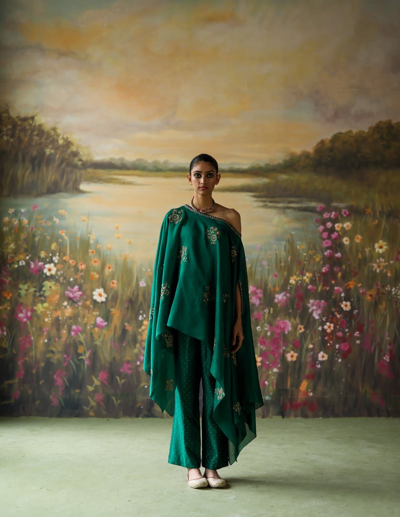 Emerald Green One-Shoulder Kaftan Co-ord Set