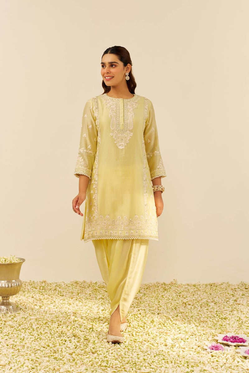 Lemon Yellow Embroidered Kurta and Dhoti Set