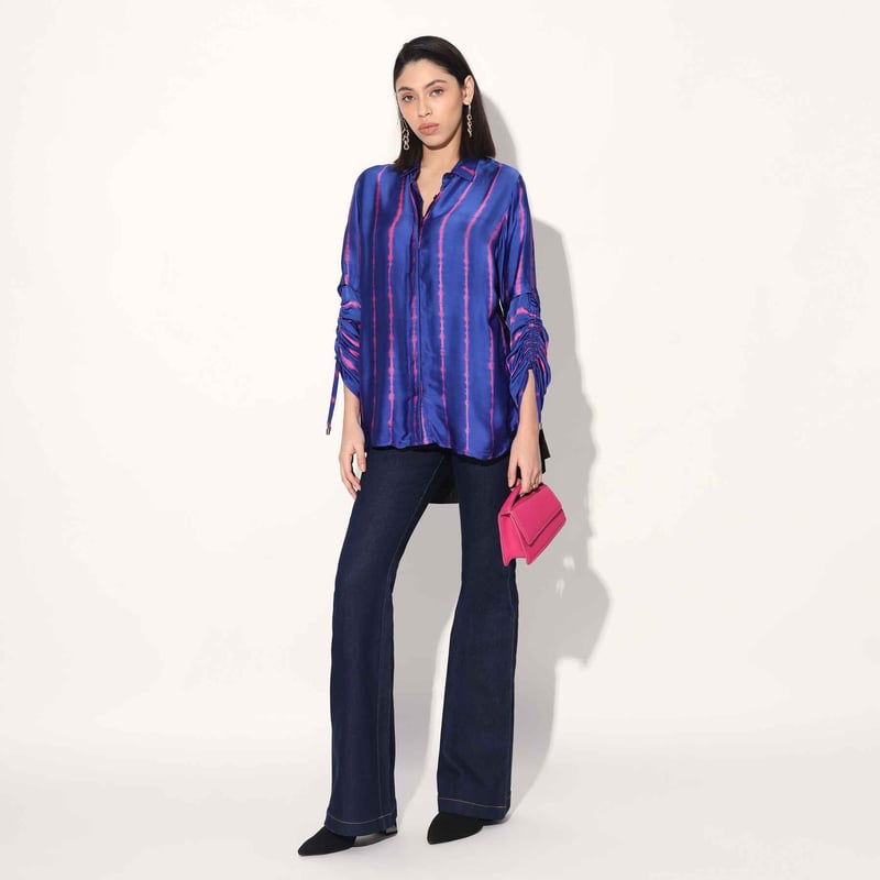 Pink/Purple Shibori Striped Satin Longline Shirt