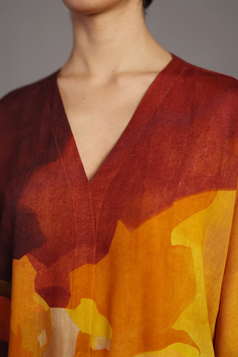 Ochre Abstract Printed Linen Maxi Dress